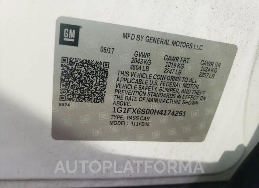 CHEVROLET BOLT EV PR 2017 vin 1G1FX6S00H4174251 from auto auction Copart