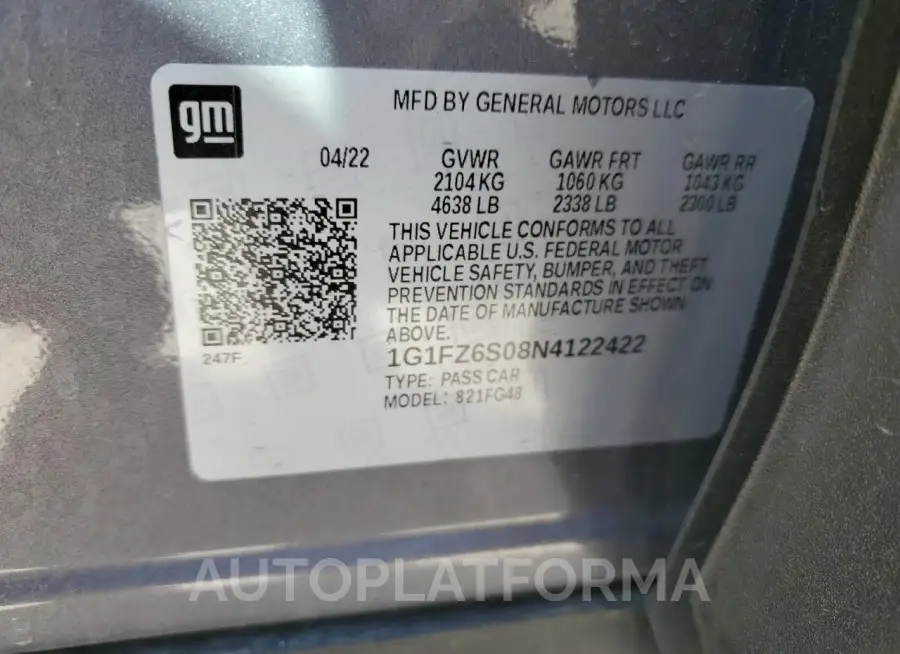 CHEVROLET BOLT EUV P 2022 vin 1G1FZ6S08N4122422 from auto auction Copart