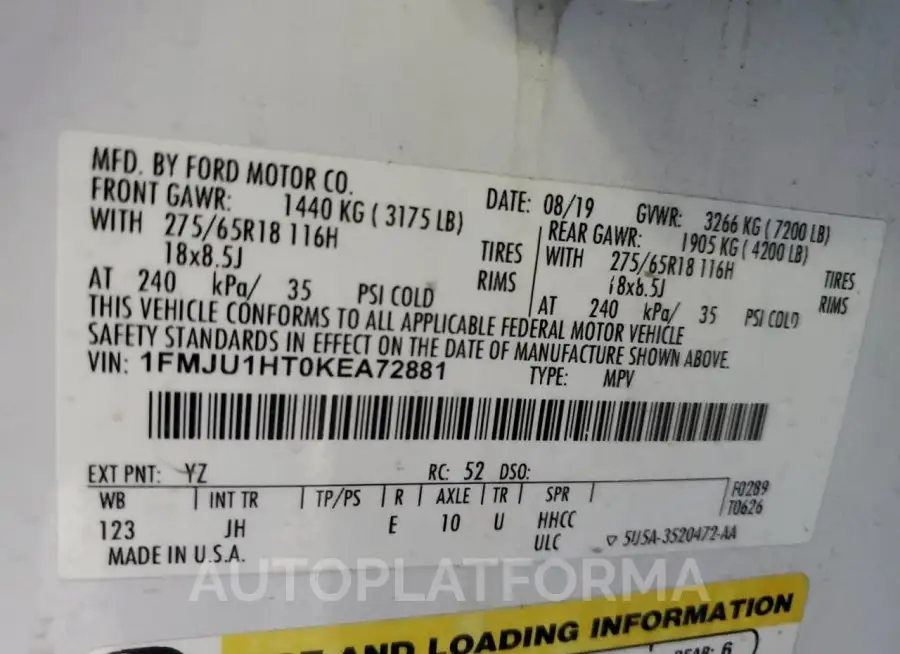 FORD EXPEDITION 2019 vin 1FMJU1HT0KEA72881 from auto auction Copart