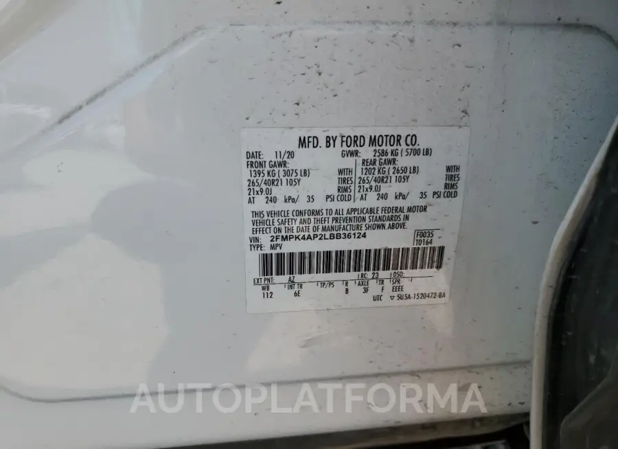 FORD EDGE ST 2020 vin 2FMPK4AP2LBB36124 from auto auction Copart