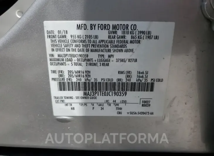 FORD ECOSPORT S 2018 vin MAJ3P1TE0JC190359 from auto auction Copart