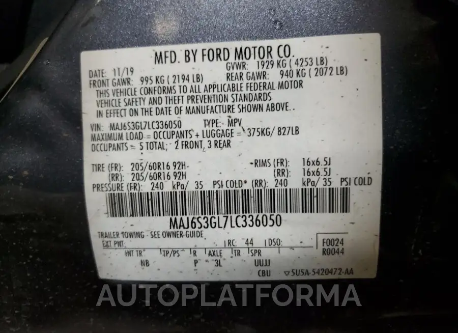 FORD ECOSPORT S 2020 vin MAJ6S3GL7LC336050 from auto auction Copart