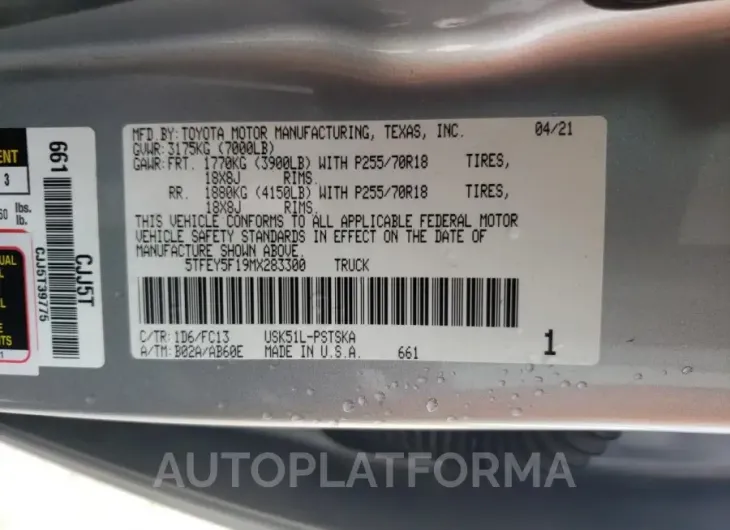 TOYOTA TUNDRA CRE 2021 vin 5TFEY5F19MX283300 from auto auction Copart