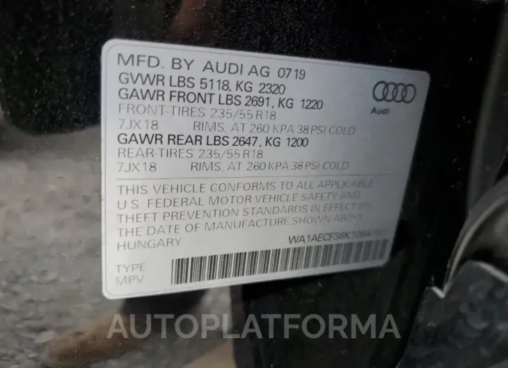 AUDI Q3 PREMIUM 2019 vin WA1AECF38K1084181 from auto auction Copart