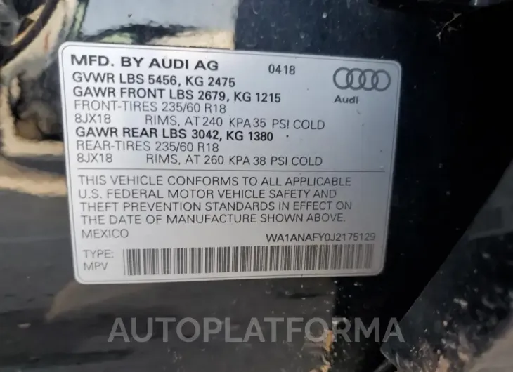 AUDI Q5 PREMIUM 2018 vin WA1ANAFY0J2175129 from auto auction Copart