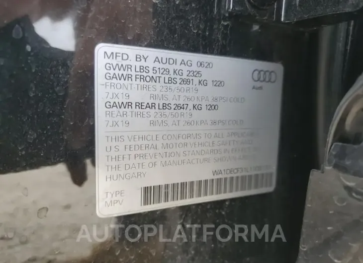 AUDI Q3 PREMIUM 2020 vin WA1DECF31L1109131 from auto auction Copart