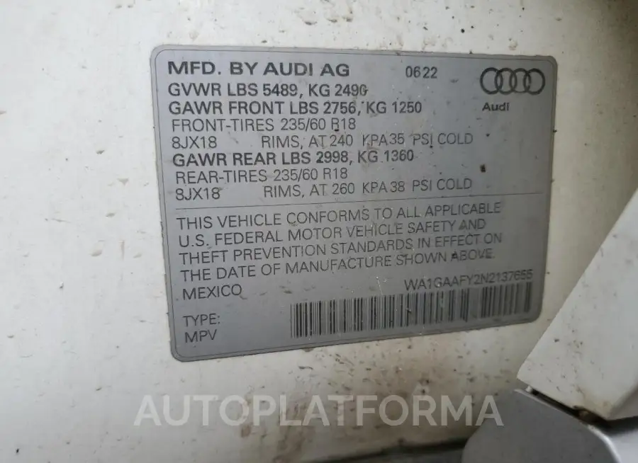 AUDI Q5 PREMIUM 2022 vin WA1GAAFY2N2137655 from auto auction Copart