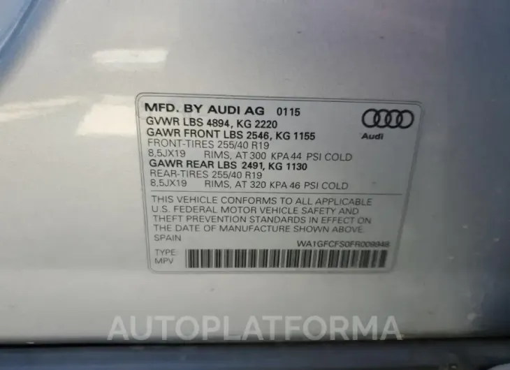 AUDI Q3 PRESTIG 2015 vin WA1GFCFS0FR009948 from auto auction Copart