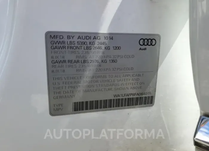 AUDI Q5 PREMIUM 2015 vin WA1LFAFP8FA064015 from auto auction Copart