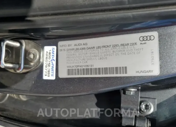 AUDI A3 PREMIUM 2016 vin WAUA7GFF4G1035131 from auto auction Copart