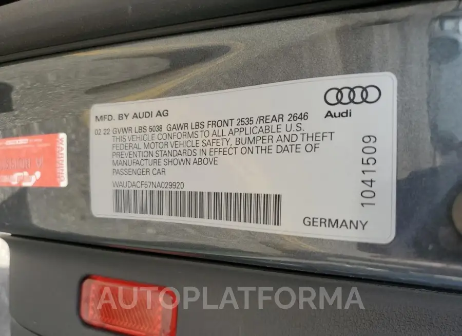 AUDI A5 PREMIUM 2022 vin WAUDACF57NA029920 from auto auction Copart