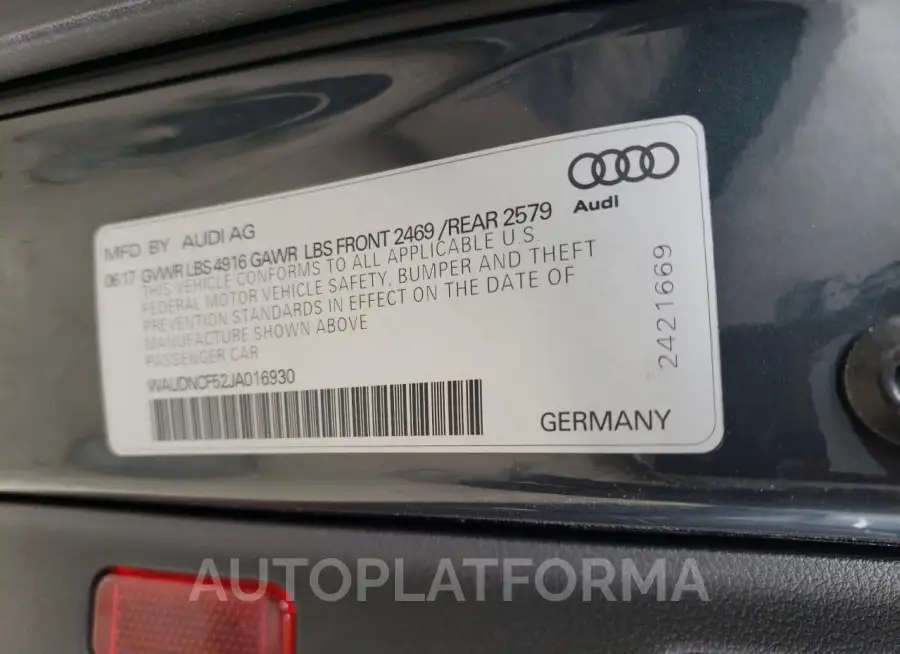 AUDI A5 PREMIUM 2018 vin WAUDNCF52JA016930 from auto auction Copart