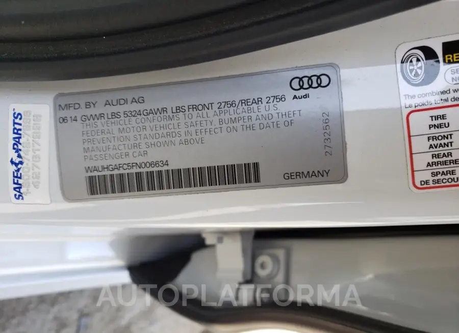 AUDI A6 PRESTIG 2015 vin WAUHGAFC5FN006634 from auto auction Copart