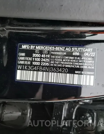 MERCEDES-BENZ A 220 4MAT 2022 vin W1K3G4FB4NJ363420 from auto auction Copart