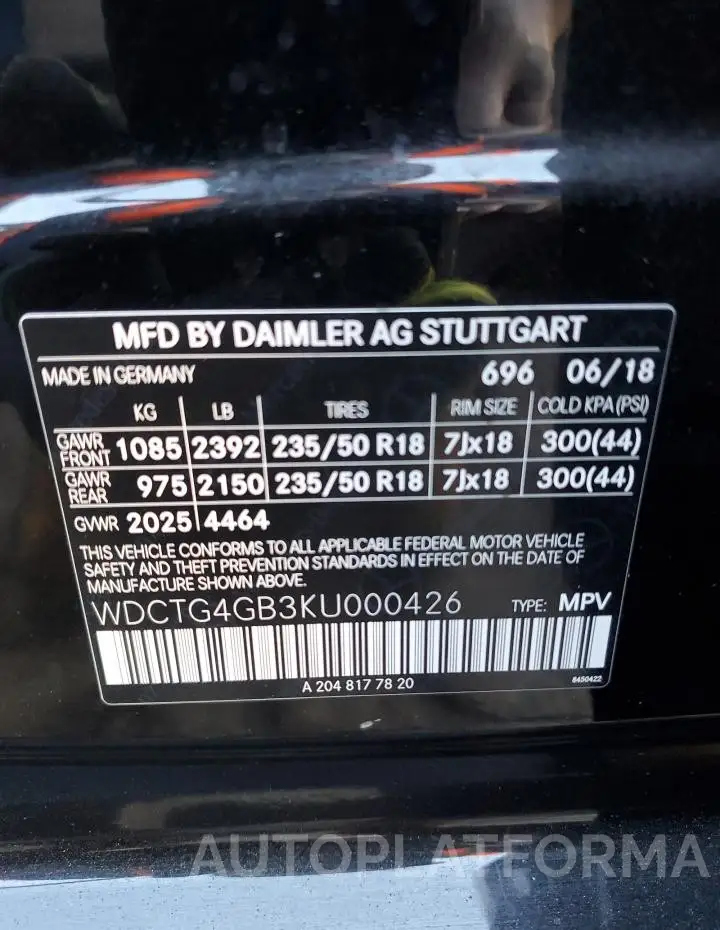 MERCEDES-BENZ GLA 250 4M 2019 vin WDCTG4GB3KU000426 from auto auction Copart