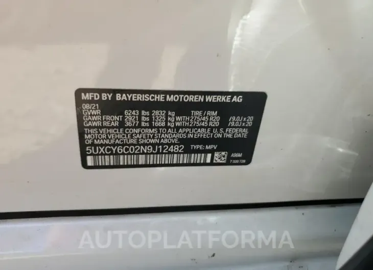 BMW X6 XDRIVE4 2022 vin 5UXCY6C02N9J12482 from auto auction Copart