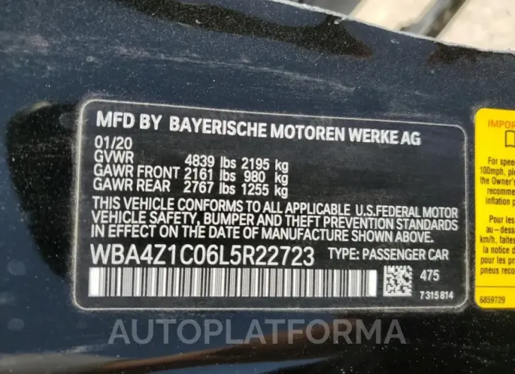 BMW 430I 2020 vin WBA4Z1C06L5R22723 from auto auction Copart