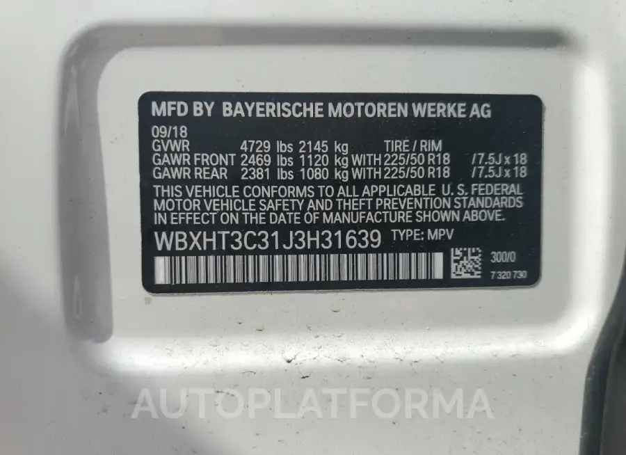 BMW X1 XDRIVE2 2018 vin WBXHT3C31J3H31639 from auto auction Copart