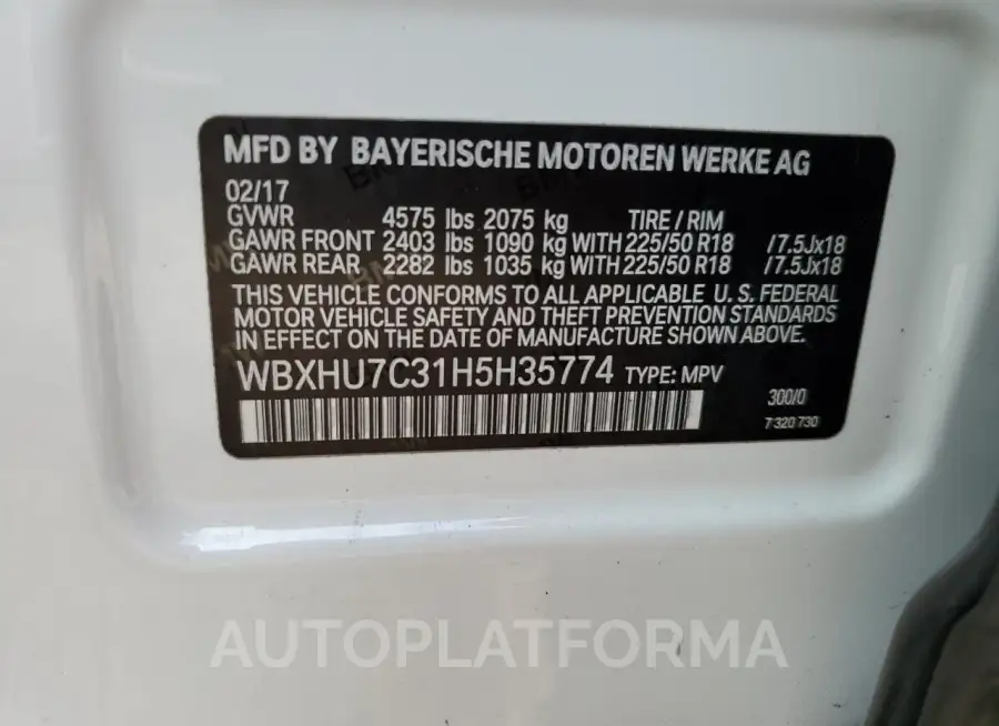 BMW X1 SDRIVE2 2017 vin WBXHU7C31H5H35774 from auto auction Copart