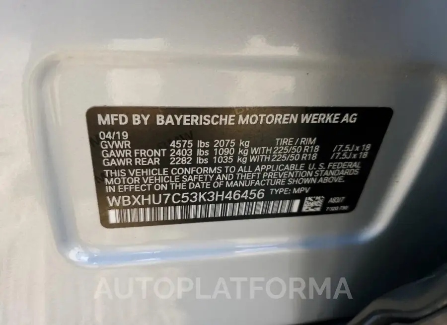 BMW X1 SDRIVE2 2019 vin WBXHU7C53K3H46456 from auto auction Copart