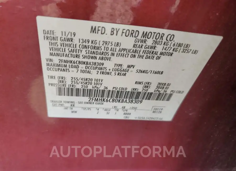 FORD FLEX SEL 2019 vin 2FMHK6C80KBA38309 from auto auction Copart