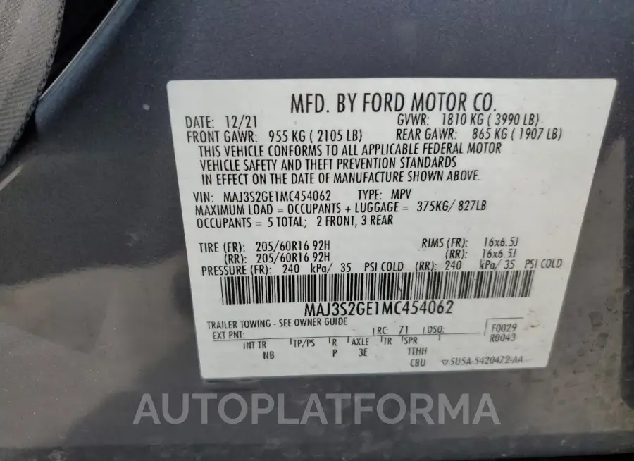 FORD ECOSPORT S 2021 vin MAJ3S2GE1MC454062 from auto auction Copart