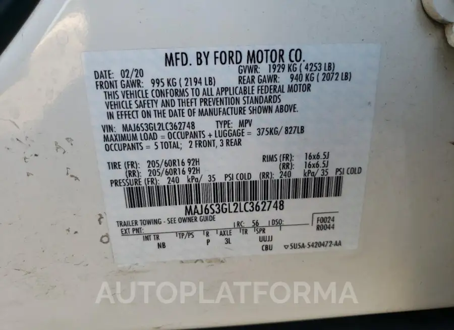 FORD ECOSPORT S 2020 vin MAJ6S3GL2LC362748 from auto auction Copart