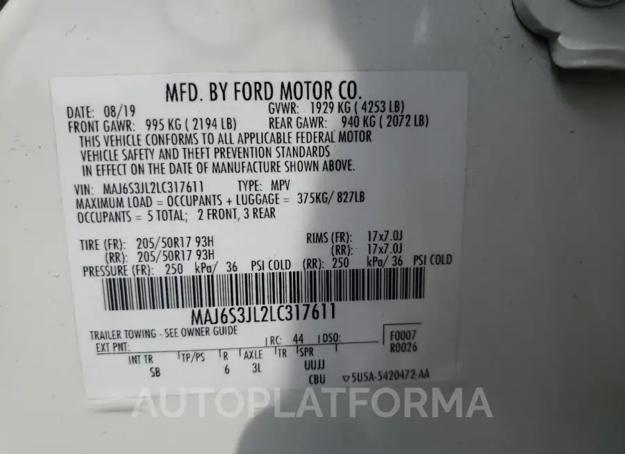 FORD ECOSPORT S 2020 vin MAJ6S3JL2LC317611 from auto auction Copart