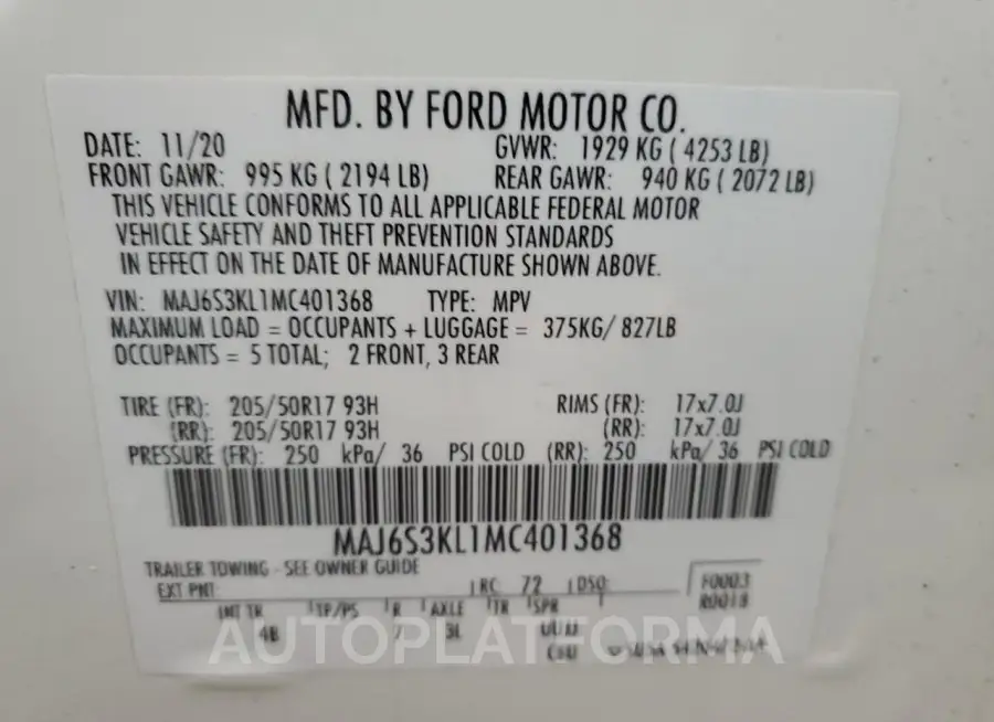 FORD ECOSPORT T 2021 vin MAJ6S3KL1MC401368 from auto auction Copart