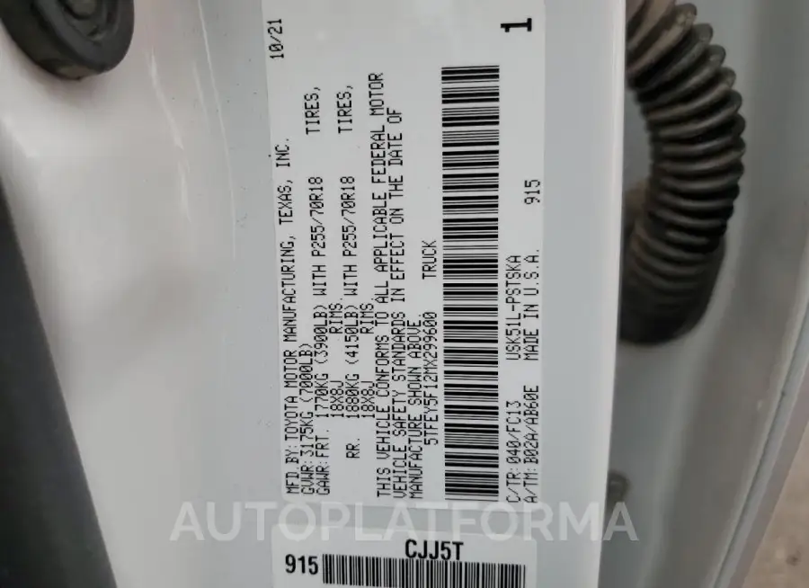 TOYOTA TUNDRA CRE 2021 vin 5TFEY5F12MX299600 from auto auction Copart