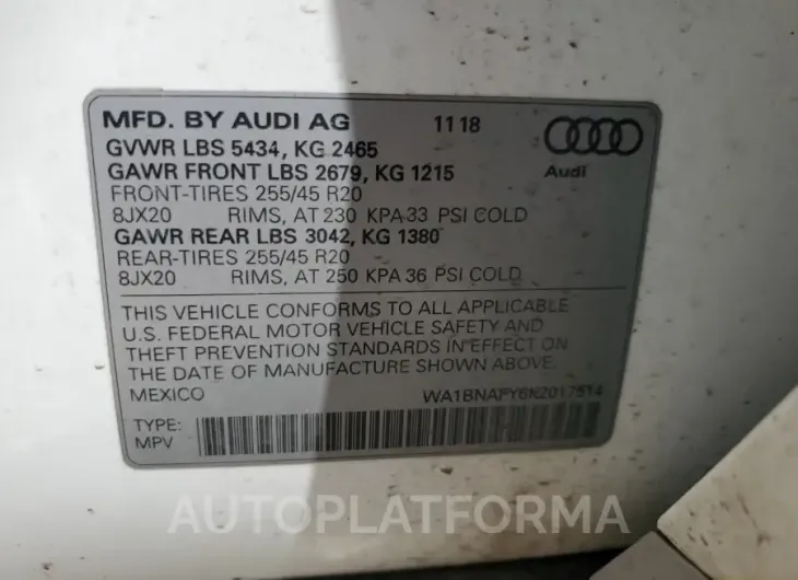 AUDI Q5 PREMIUM 2019 vin WA1BNAFY6K2017514 from auto auction Copart