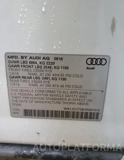 AUDI Q3 PREMIUM 2017 vin WA1JCCFS8HR007415 from auto auction Copart