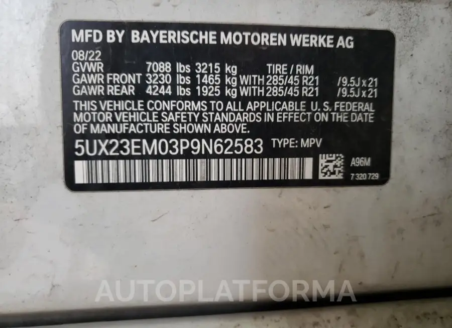 BMW X7 XDRIVE4 2023 vin 5UX23EM03P9N62583 from auto auction Copart