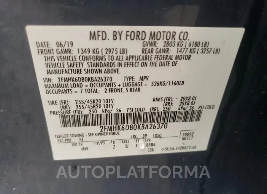 FORD FLEX LIMIT 2019 vin 2FMHK6D80KBA26370 from auto auction Copart