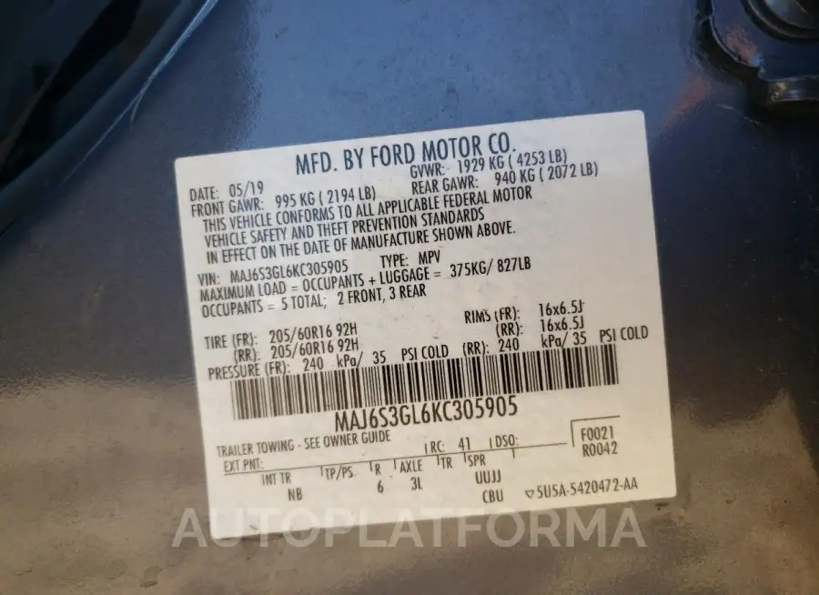 FORD ECOSPORT S 2019 vin MAJ6S3GL6KC305905 from auto auction Copart