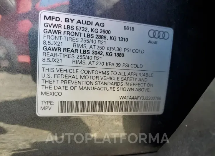 AUDI SQ5 PREMIU 2018 vin WA1A4AFY3J2203766 from auto auction Copart