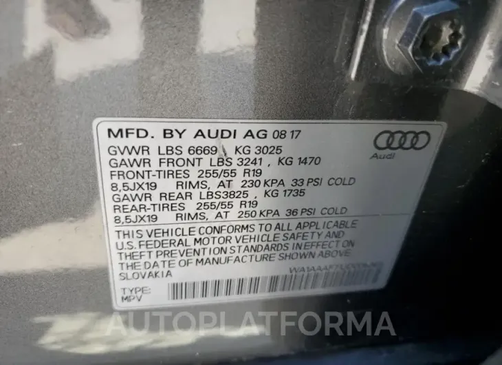 AUDI Q7 PREMIUM 2018 vin WA1AAAF71JD006969 from auto auction Copart