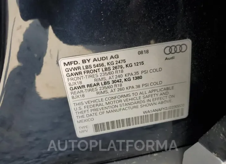 AUDI Q5 PREMIUM 2018 vin WA1ANAFY2J2230020 from auto auction Copart