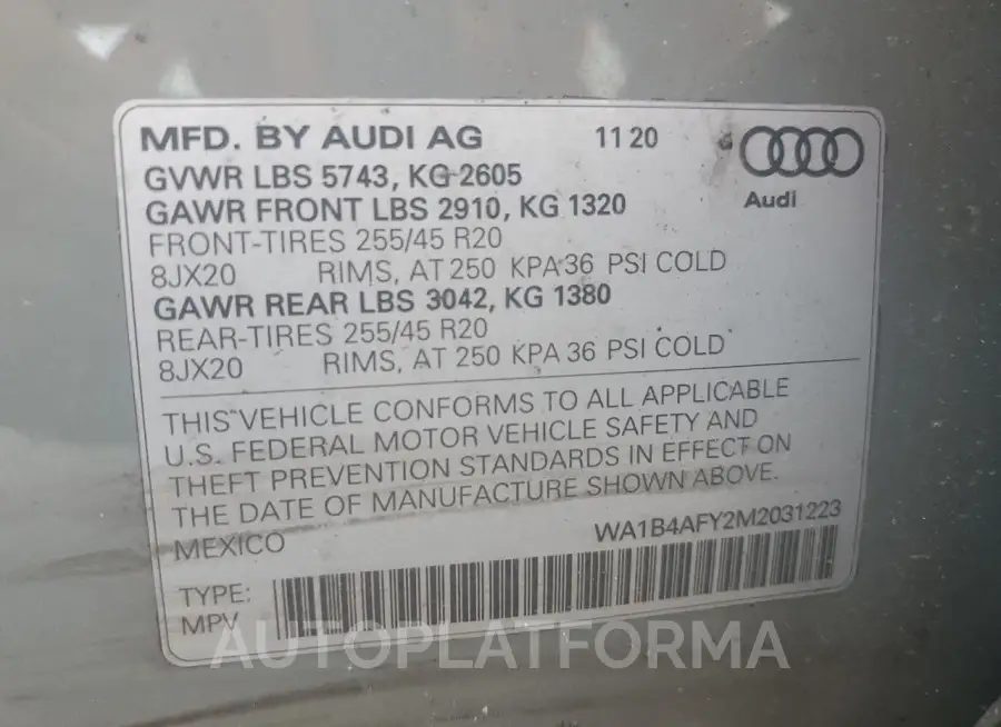 AUDI SQ5 PREMIU 2021 vin WA1B4AFY2M2031223 from auto auction Copart