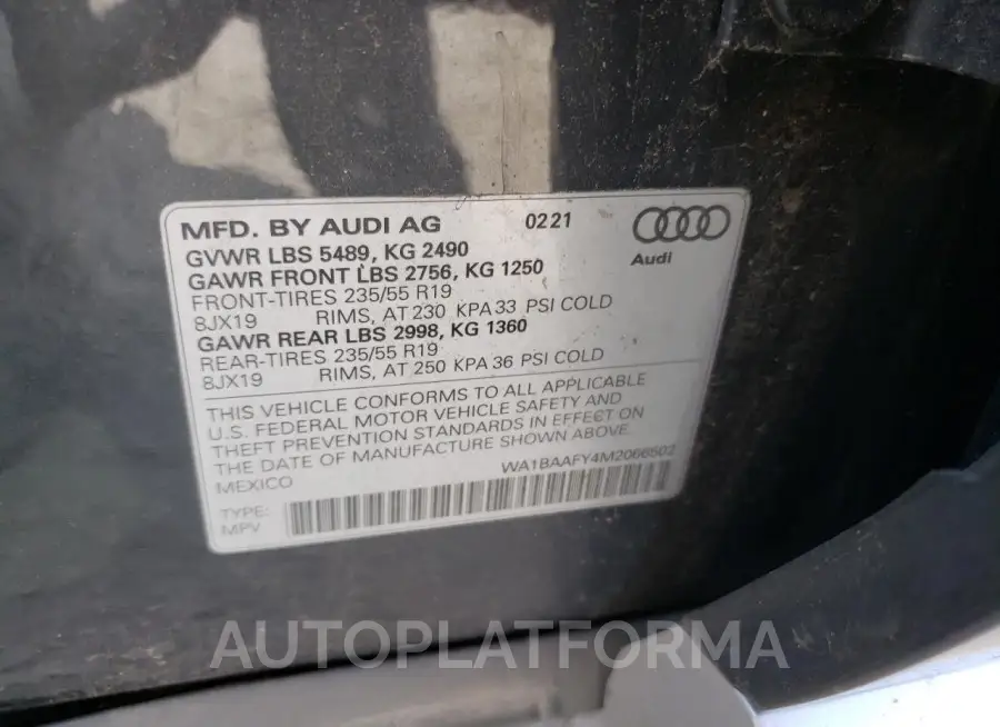 AUDI Q5 PREMIUM 2021 vin WA1BAAFY4M2066502 from auto auction Copart