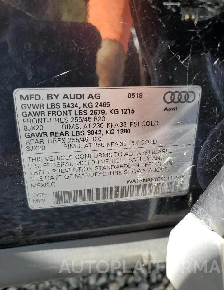 AUDI Q5 PREMIUM 2019 vin WA1BNAFY0K2117575 from auto auction Copart