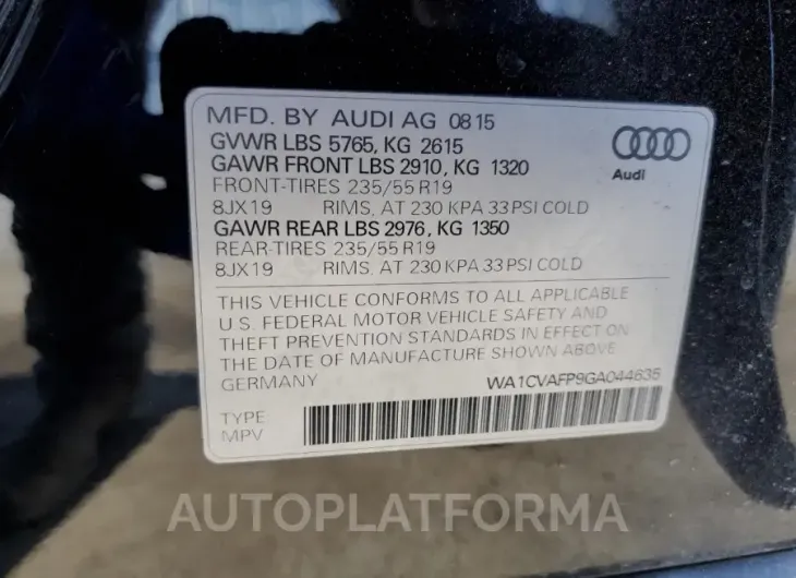 AUDI Q5 TDI PRE 2016 vin WA1CVAFP9GA044635 from auto auction Copart