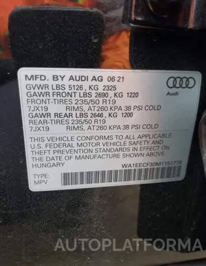 AUDI Q3 PREMIUM 2021 vin WA1EECF30M1151778 from auto auction Copart