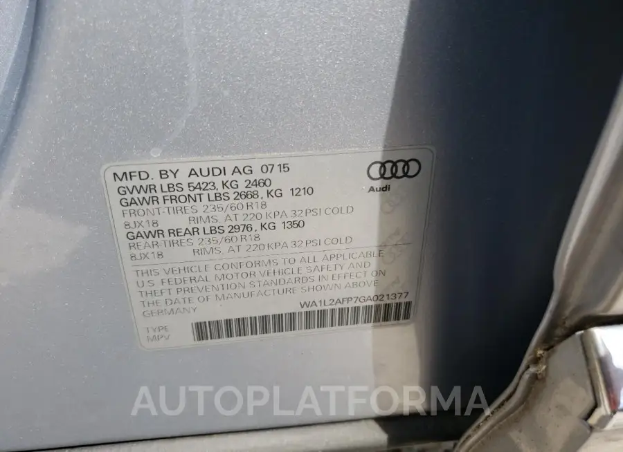 AUDI Q5 PREMIUM 2016 vin WA1L2AFP7GA021377 from auto auction Copart