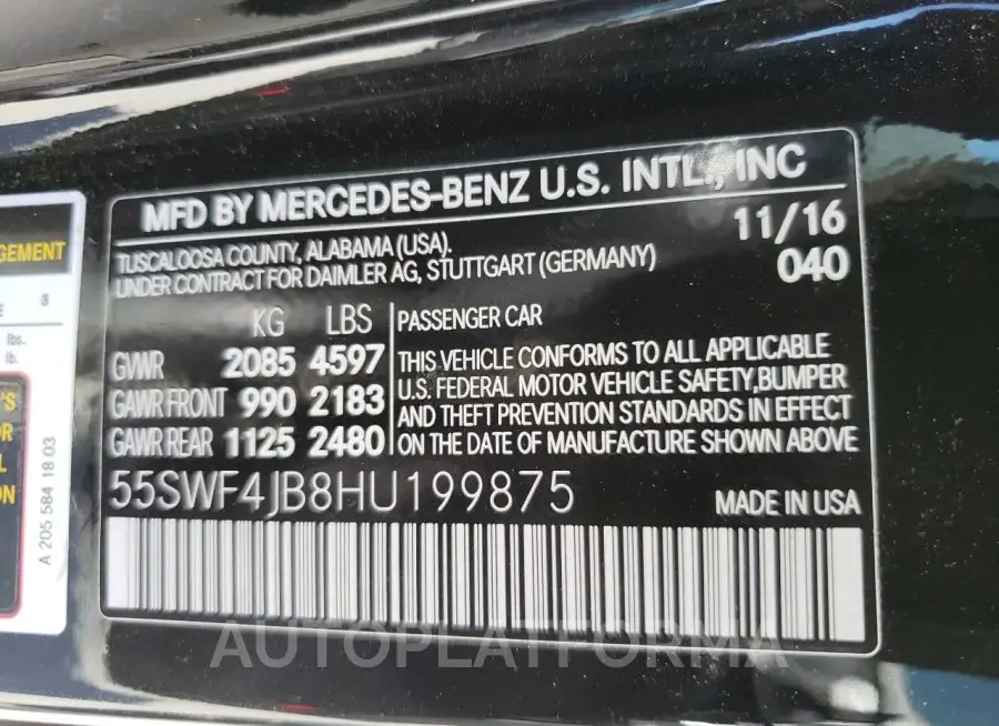 MERCEDES-BENZ C 300 2017 vin 55SWF4JB8HU199875 from auto auction Copart