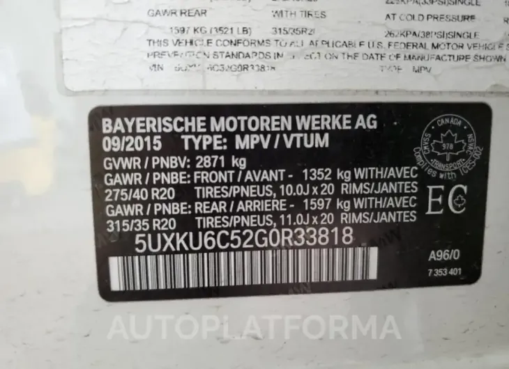 BMW X6 XDRIVE5 2016 vin 5UXKU6C52GXR33818 from auto auction Copart