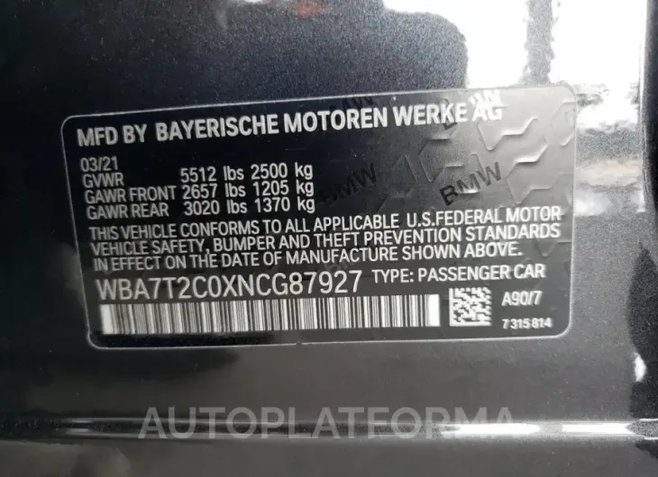 BMW 740 I 2022 vin WBA7T2C0XNCG87927 from auto auction Copart