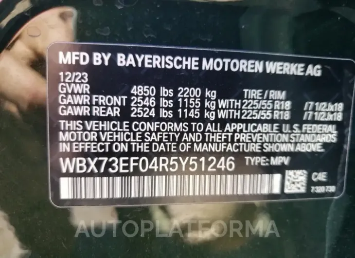 BMW X1 XDRIVE2 2024 vin WBX73EF04R5Y51246 from auto auction Copart