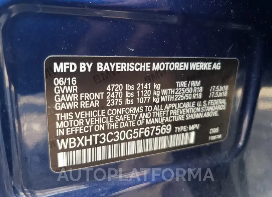 BMW X1 XDRIVE2 2016 vin WBXHT3C30G5F67569 from auto auction Copart