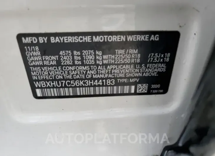 BMW X1 SDRIVE2 2019 vin WBXHU7C56K3H44183 from auto auction Copart